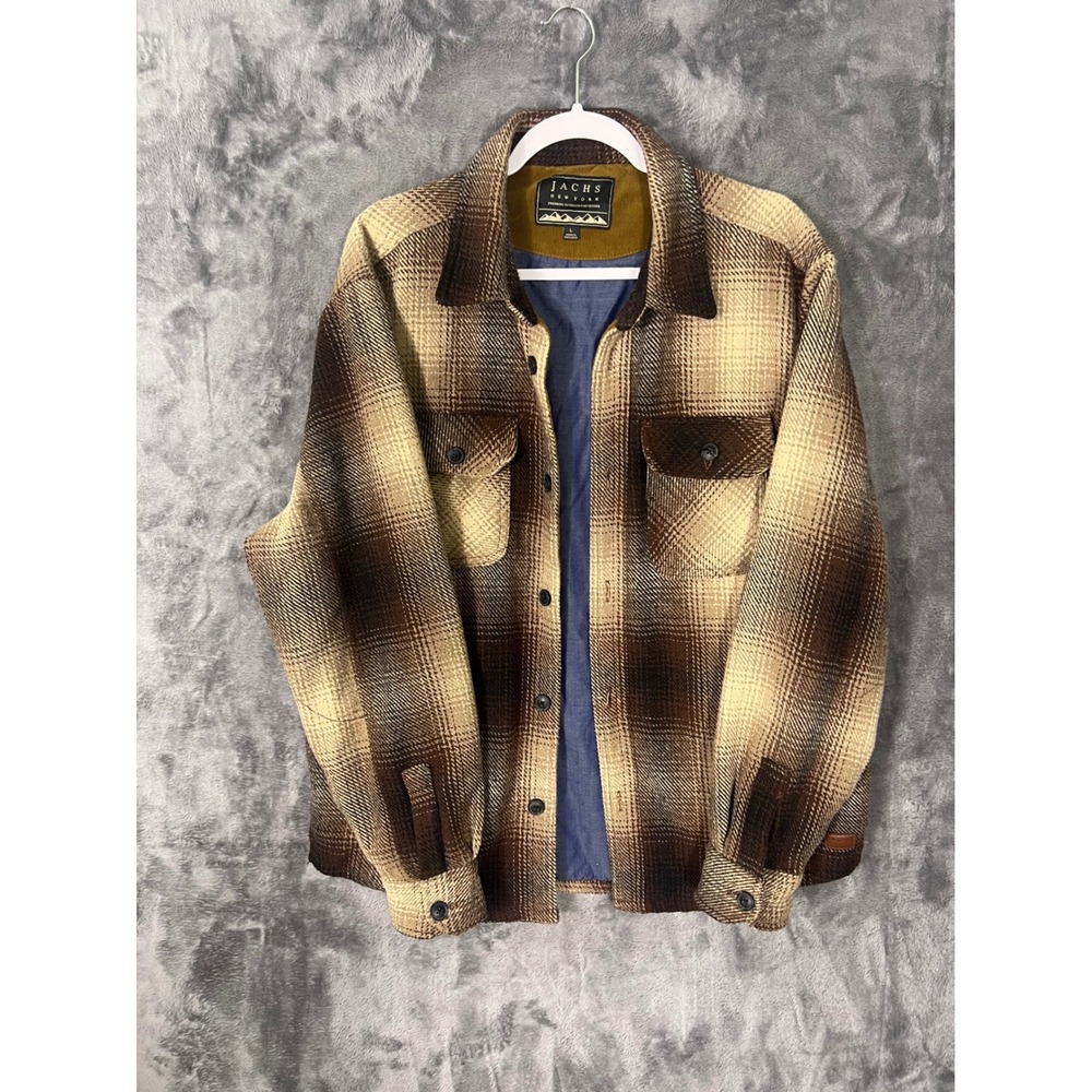 Jachs NY Mens Brown Plaid Flannel Shirt Jacket Corduroy Collar Large